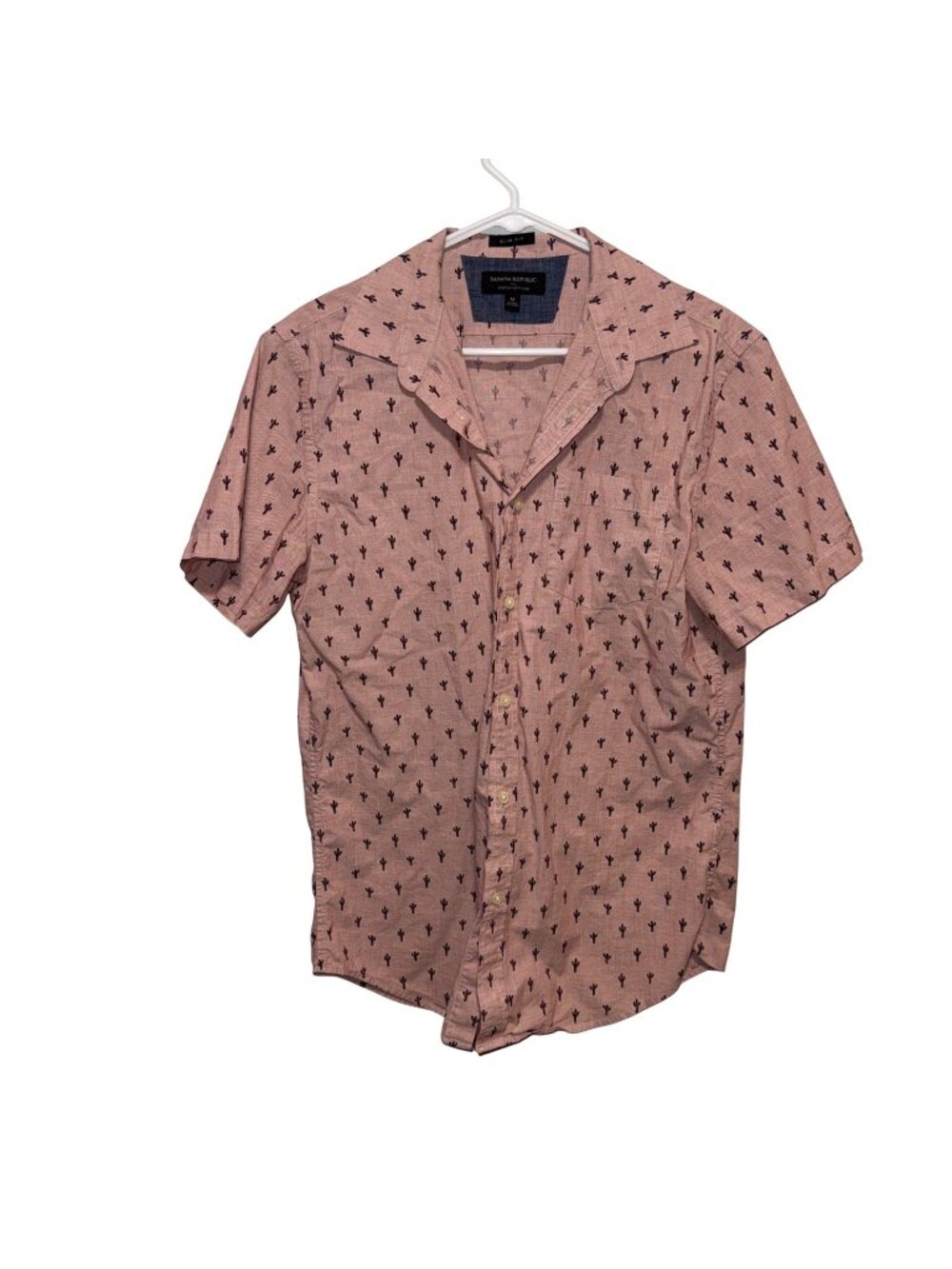 Banana Republic Mens Slim Fit Cactus Print Pink Short Sleeve Button-Up Shirt Siz